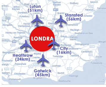 Mappa delle distanze degli aeroporti di Londra Gatwick, Stansted, Heathrow, Luton e City Airport dal centro