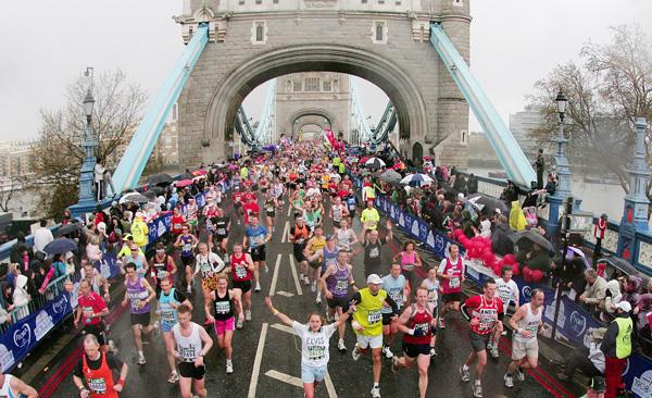 Runners cross Tower Bridge during the 2008 Flora London Marathon.